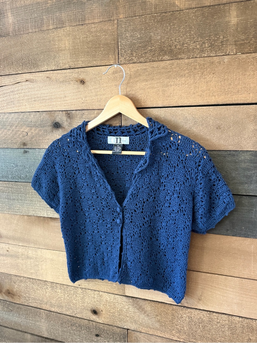 Y2K Navy Crochet Knit Cardigan Top Ramie Cotton Cottagecore Boho - Picture 4 of 8